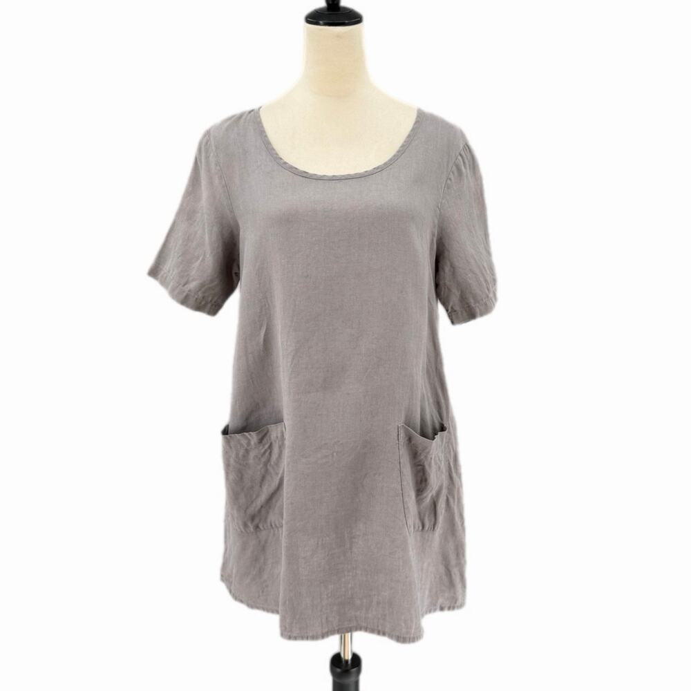 Flax 100% Linen Short Sleeve Scoop Neck Front Pockets Gray Solid Tunic Top